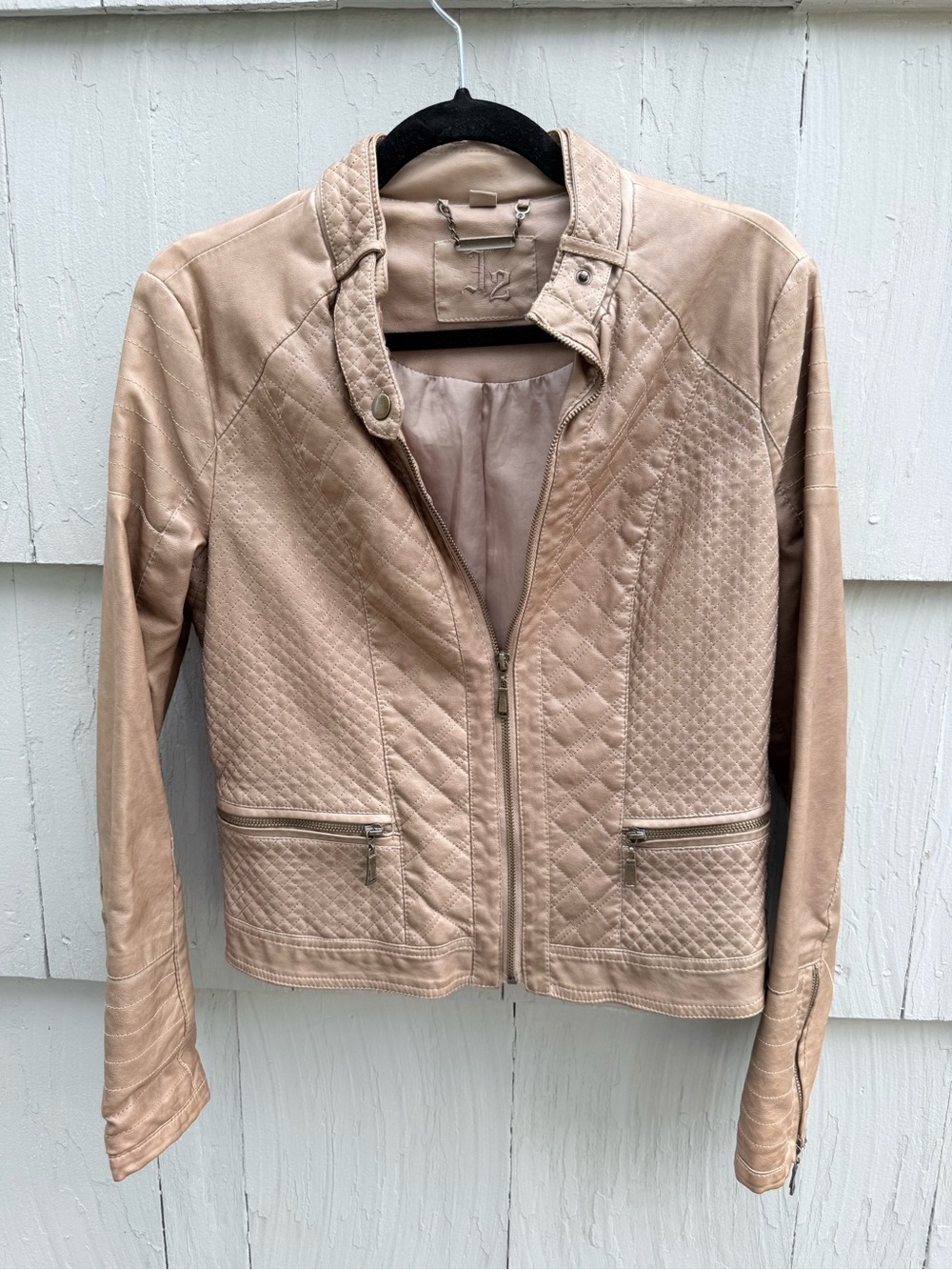 Quilted Faux Leather Jacket in Beige - Women’s Stylish Zip Front